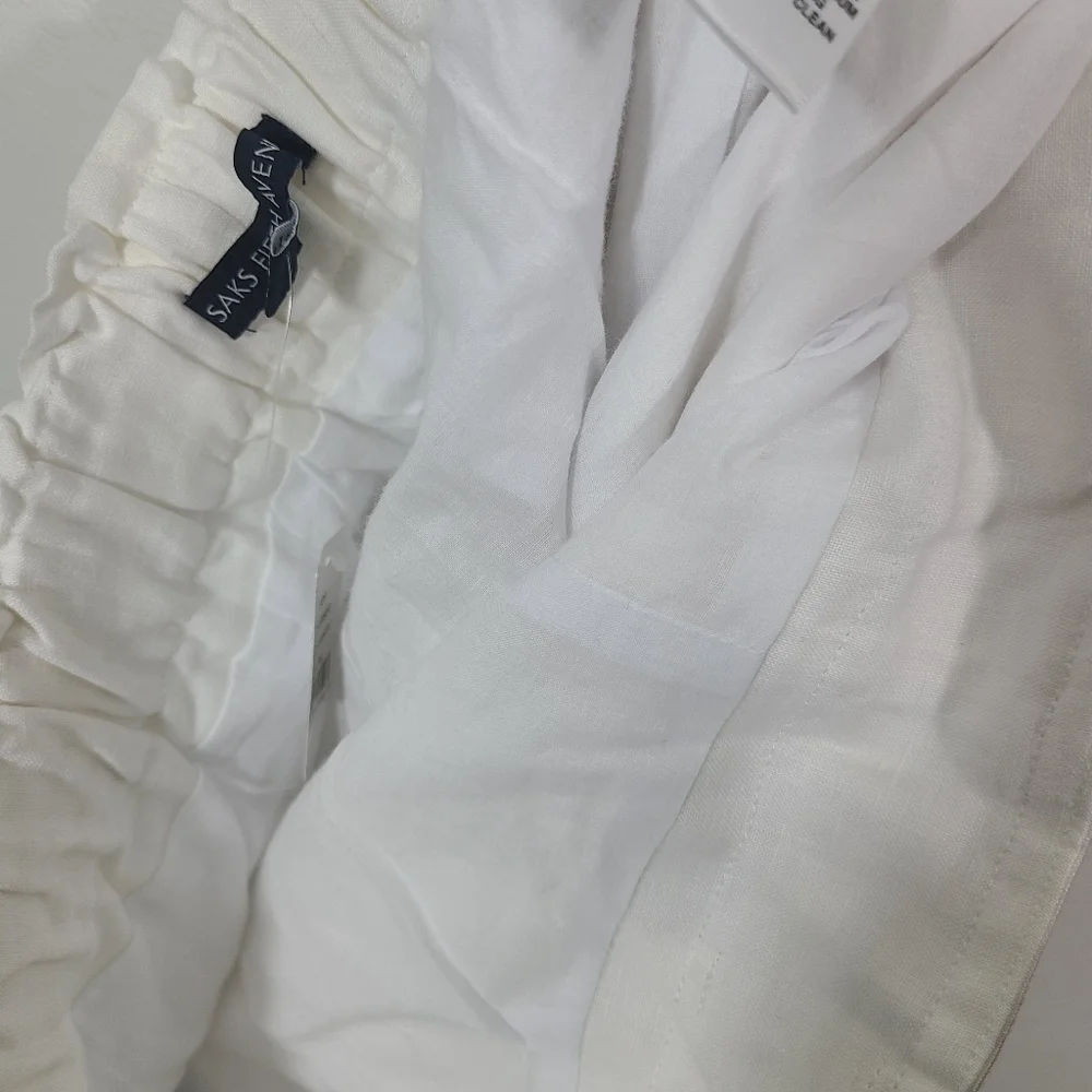 Saks Fifth Avenue Pants Linen Wide Leg Tie Waist Lagenlook Crop Ankle Off White - Picture 7 of 8